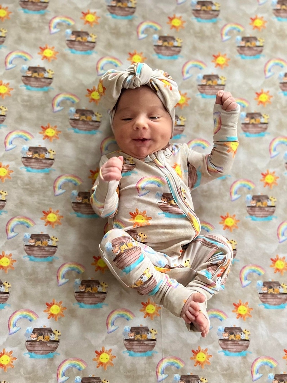 Noah’s Ark Bamboo footies newborn baby unisex neutral rainbow jesus christian